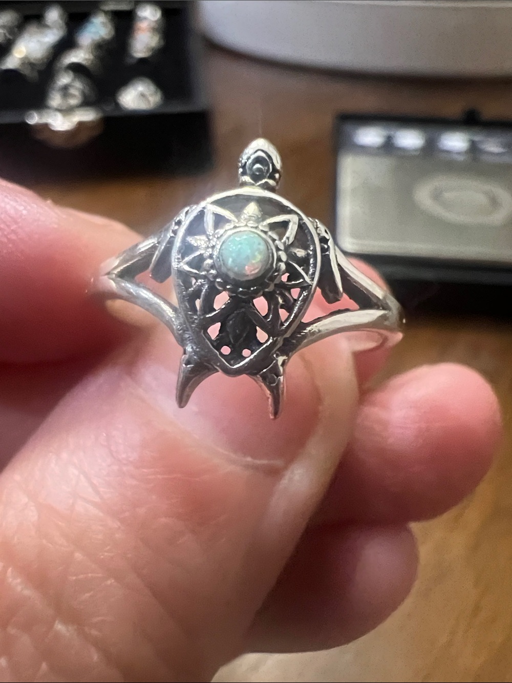 Sterling Silver Turtle Ring with Opal Accent - White Opal Size 7